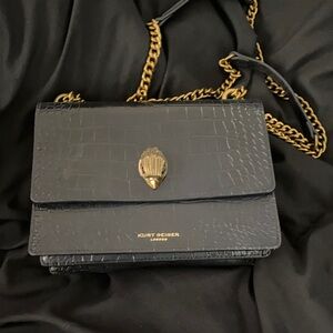 Kurt Geiger Black Croc-Embossed Crossbody Bag with Gold Chain